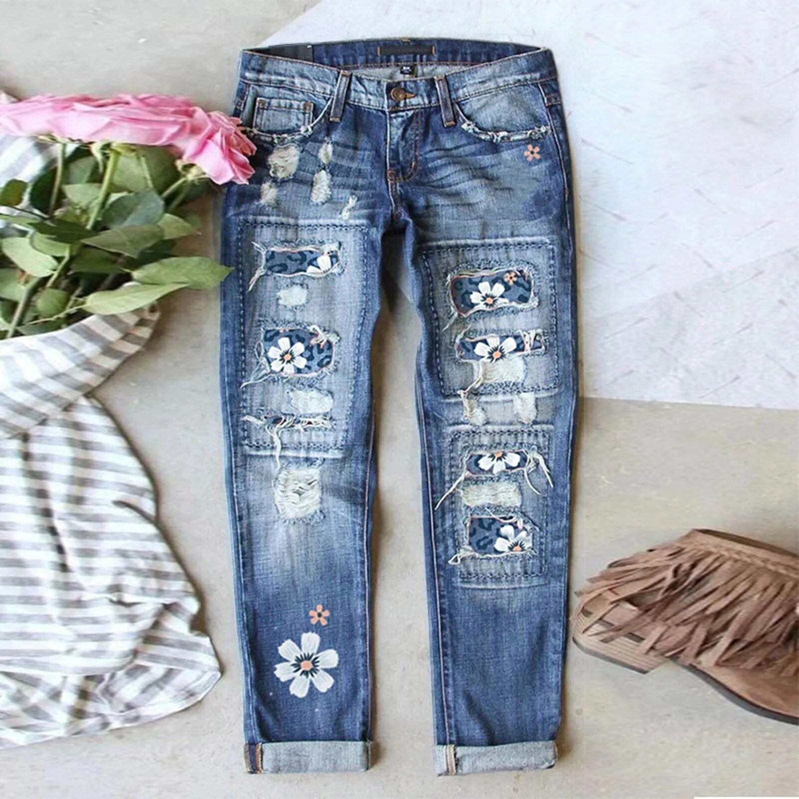 Women's Sunflower Print Ripped Jeans Patchworks Regular Fit Long Casual Denim Jeans Holes Trousers Streetwear Denim Pencil Pants 2-Blue