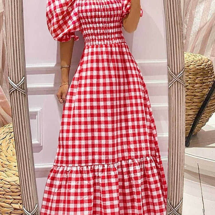 Summer Long Maxi Dress Women Casual Short Sleeve Square Collar Vintage Plaid Party Bohemian Vestidos Loose Sundress