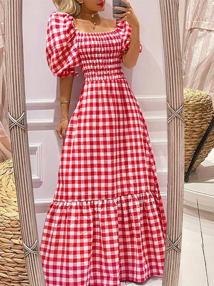 Summer Long Maxi Dress Women Casual Short Sleeve Square Collar Vintage Plaid Party Bohemian Vestidos Loose Sundress