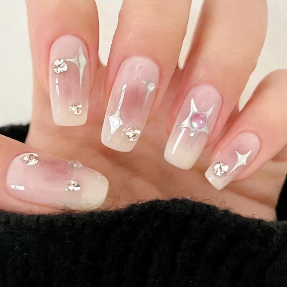 Gradient Fake Nails Press on Nail Diamond Cross Art Long Tips False Forms with Glue Stick Stickers Reusable Set DZ104