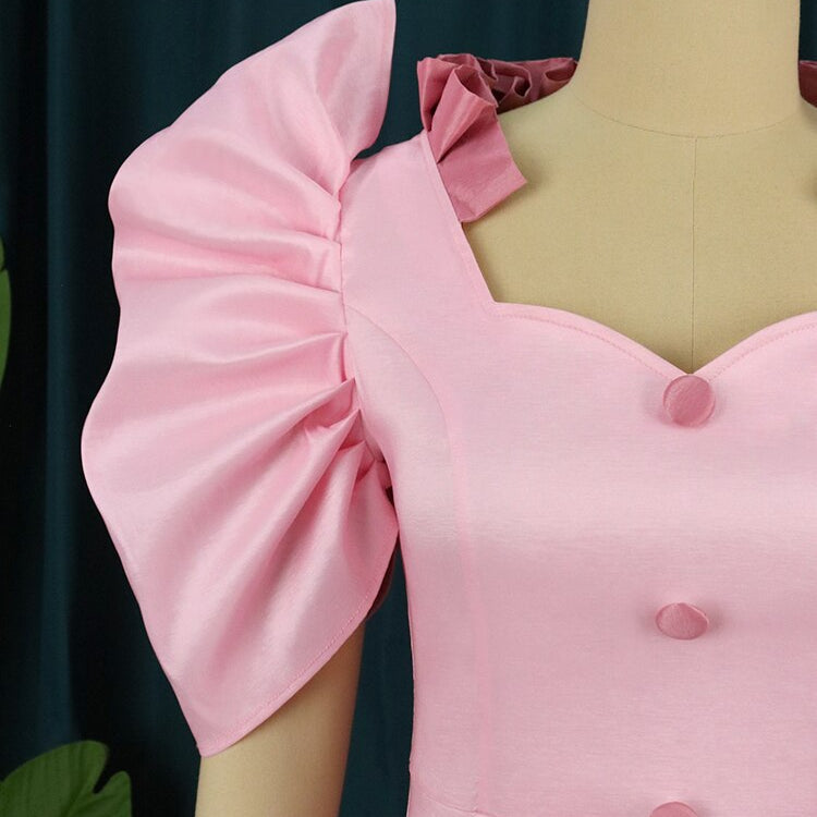 Party Sexy Pink Dresses Women High Slit Short Puff Sleeve Button Robes Celebrate Homecoming Event Outfits Summer Vestidos