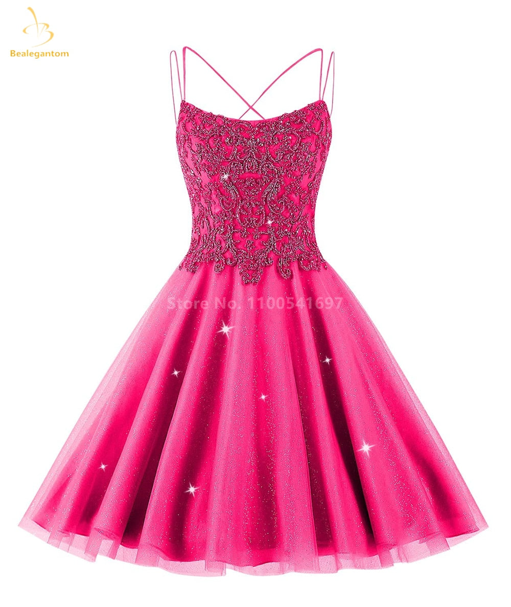 Bealegantom Lace Beaded Spaghetti Homecoming Dresses Sparkly Tulle Pageant Short Prom Party Cocktail Gown Vestidos De Graudation