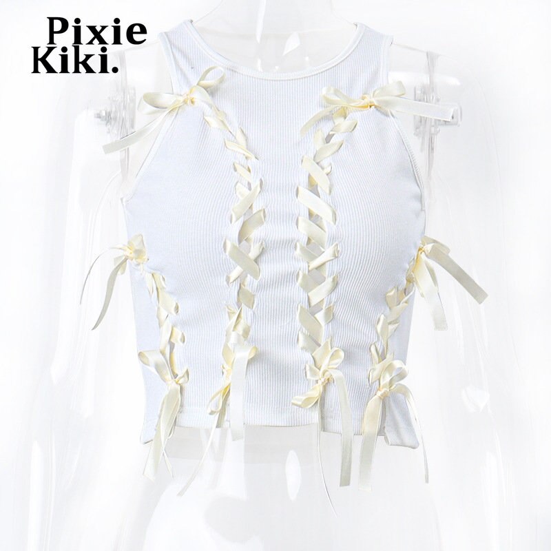 PixieKiki Y2k Fairy Aesthetic Bow Lace Up Hollow Out Ribbed Crop Tops White Summer Sexy Tank Top for Women Summer 2023 P33-BC10