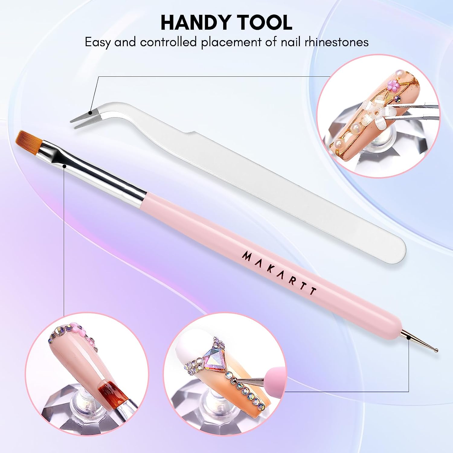 Makartt Nail Rhinestone Glue Kit, 15ml Gel Nail Glue with AB Rhinestone Crystals 3D Nail Art Butterflies Flowers Pearls