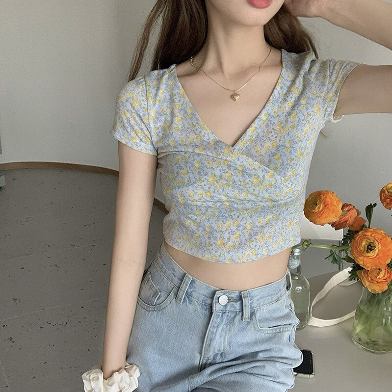 Sexy Women Slim Crop Top Tees T Shirt Low Cut Short Sleeve Floral Female Teenage Girls Femmes T-Shirt Cross Wrap Y2K 7