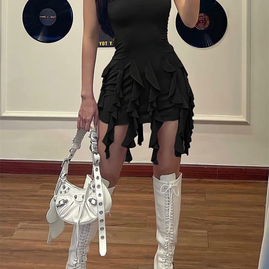 Summer Women Fairy Ruffle Tassels Bodycon Dress Women Off-Shoulder Strapless Irregular Mini Dress Streetwear