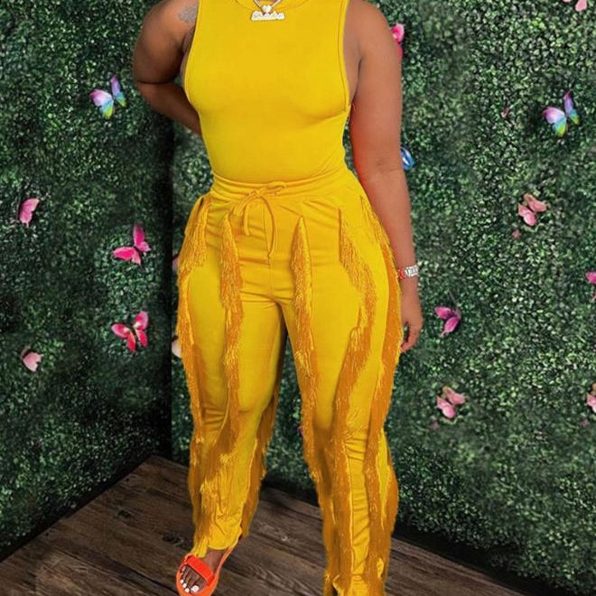 Fashion Solid Romper Casual Tank Top & Tassel Decor Drawstring Pants Set Skinny Tank Jumpsuits Summer Female Outfit Streetwear F