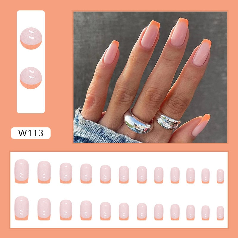 24Pcs/Set Fake Nails With Glue Full Cover Nail Tips Press On Med Nails DIY Manicure Oval Head False Nails Pink Almond Artificial