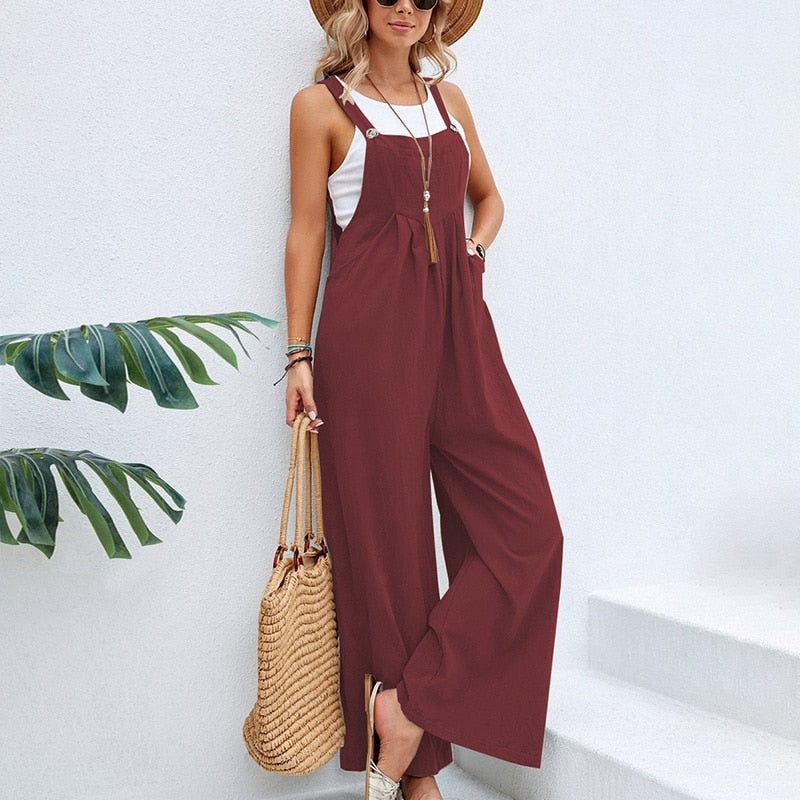 Vintage Cotton Linen Jumpsuit Women 2023 Casual Solid Button Wide Leg Suspender Pants with Pockets Summer Loose Overalls Rompers Wine
