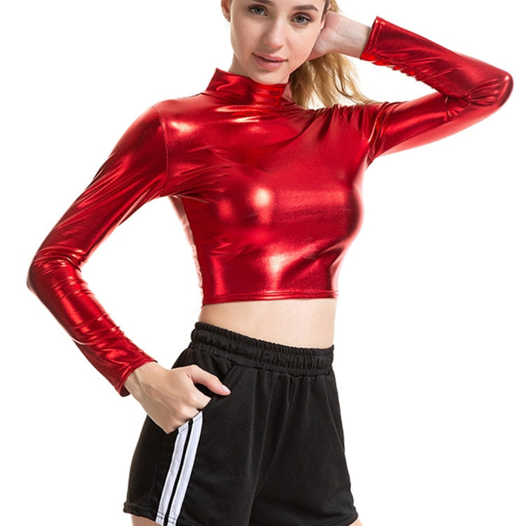 PU Short Top Women Shiny Leather Top High Street Turtleneck Dance Clubwear Long Sleeve Tops Gold Silver Costumes T shirt S989 Red