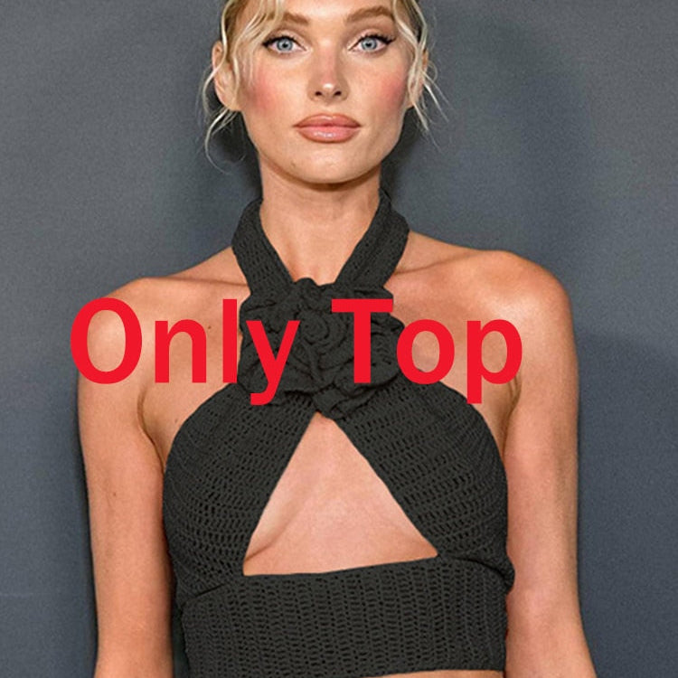 Tawnie Y2K Floral Appliques Knitted 2 Piece Sets Women 2023 Summer Sexy Halter Crop Top Split Maxi Skirt Sets Party Club Outfits Black Top One Size