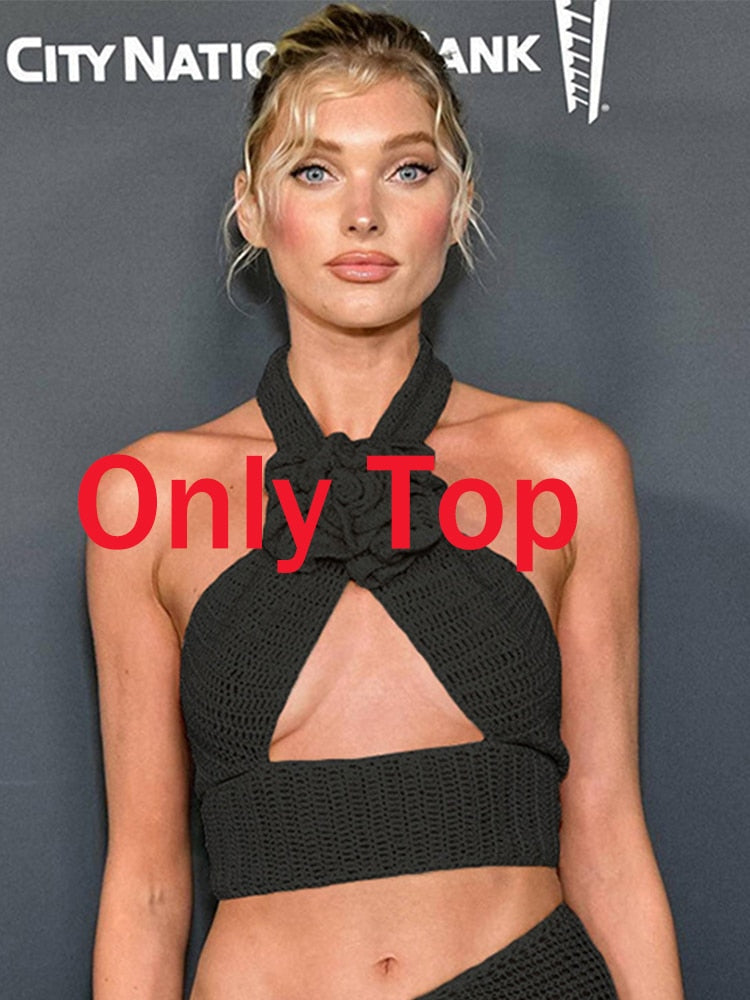 Tawnie Y2K Floral Appliques Knitted 2 Piece Sets Women 2023 Summer Sexy Halter Crop Top Split Maxi Skirt Sets Party Club Outfits Black Top One Size