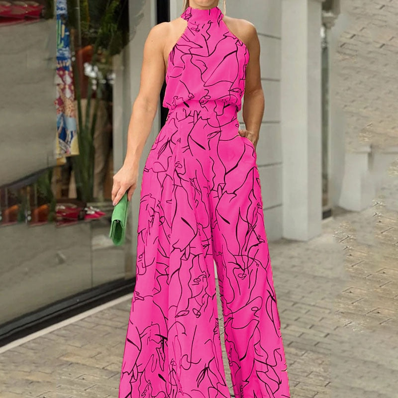 Elegant Women Sleeveless Jumpsuits Sexy Halterneck Long Rompers Wide Leg Pants Fashion Printed Bodysuit Jumpsuit Lady Outfit