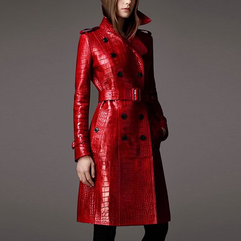 Lautaro Autumn Long Red Crocodile Print Leather Trench Coat for Women Belt Double Breasted Elegant British Style Fashion 2021 Red