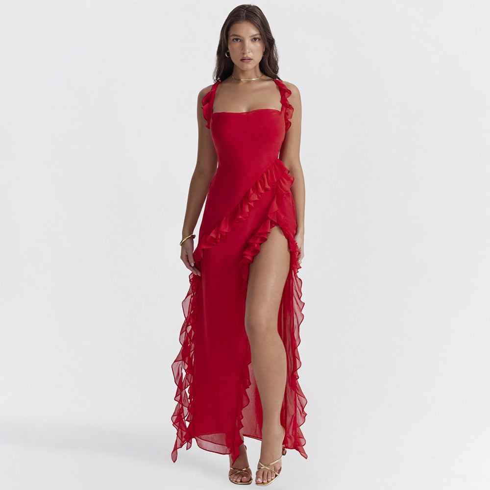 Sexy Slit Long Dress Red Chiffon Skirt Summer Sleeveless Falbala Dresses for Women Traf Formal Occasion Dresses Vestido RED Spain