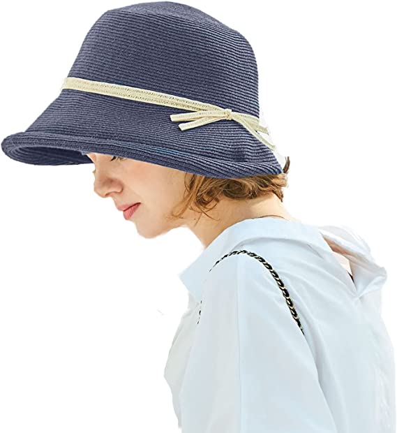 FS French Straw Bonnet Cap for Women Victorian Sun Hats Chin Strap Foldable Summer Accessories Bucket Hat Fedoras For Beach Navy Blue M(55-58CM)