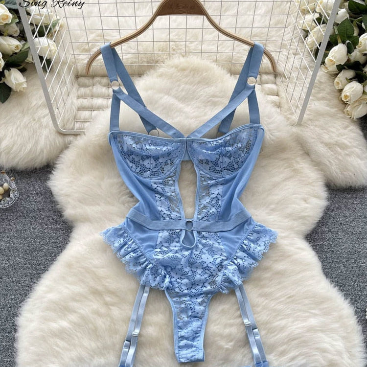 Shapewear Lace Lingerie Bodysuits Women Hollow Out Transparent Slim Sensual Rompers Hotsweet Erotic Sheer Playsuits