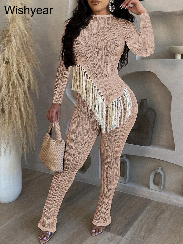 New In Fringe Tassel Long Sleeve Top and Pants Two Piece Set for Women Autumn Winter Birthday Party Club Night Outfit Khaki Sets