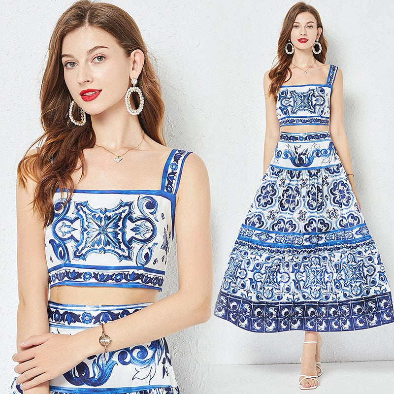 Summer Floral Dress Sets Women 2 Piece Outfit Sexy Slim Tops and Skirt Party Set Suspender Strap Suit Ballgown Frocks