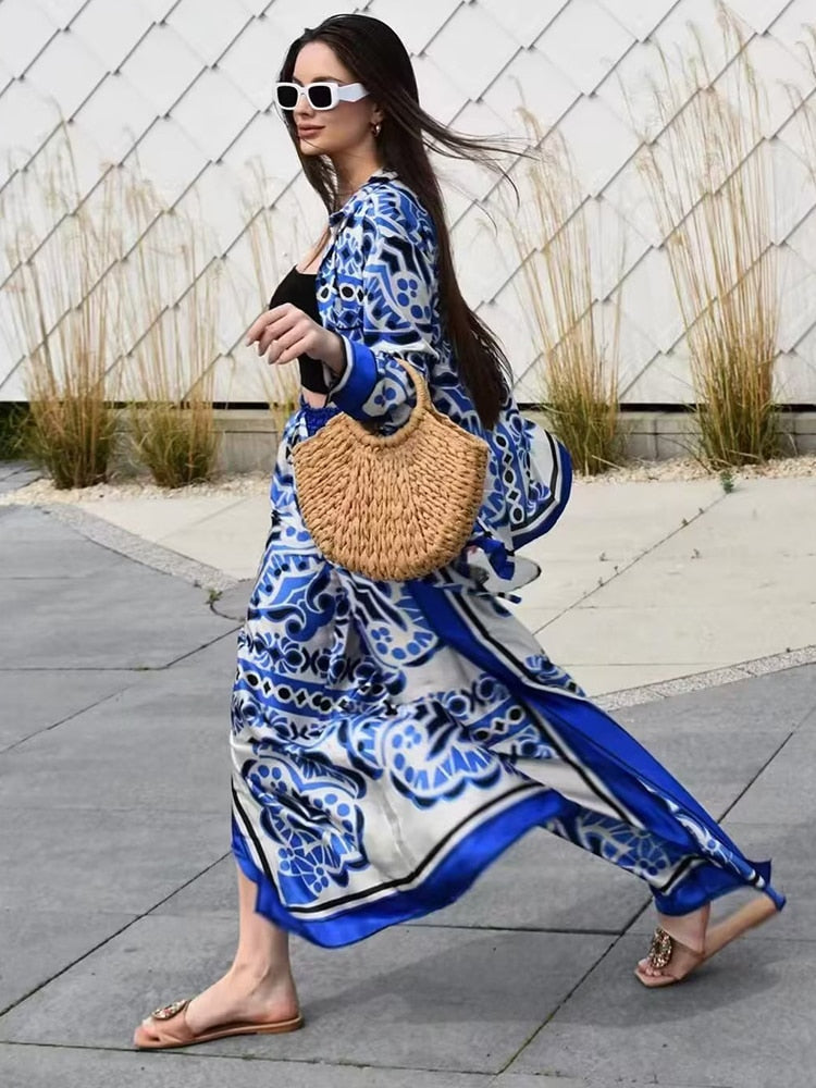 Woman Shirts Pants Sets New Summer Geometric Print Loose Long sleeved Shirts Fashion Elastic Waist Wide Leg Pants Outfits