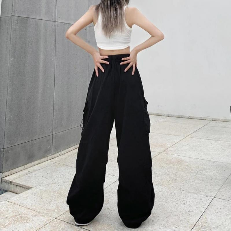 Summer Vintage Casual Cargo Pants Women Streetwear Pleated Drawstring Loose Wide Leg Straight Trousers Fashion Ladies Sweatpants