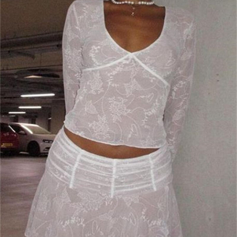 Y2K 2 Piece Mini Skirt Sets Sexy Mesh Sheer Lace Ruffle Outfits V Neck Beach Suits 2023 Summer Night Clubwear