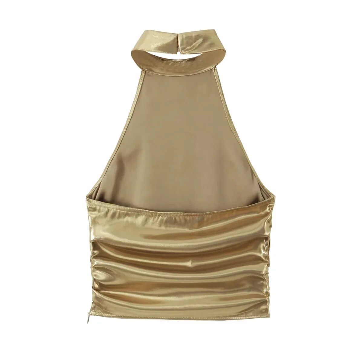 Women Metallic Glitter Hanging Neck Crop Top Y2K Fashion Sleeveless Ruched Top Summer Sexy Backless Slim Tops