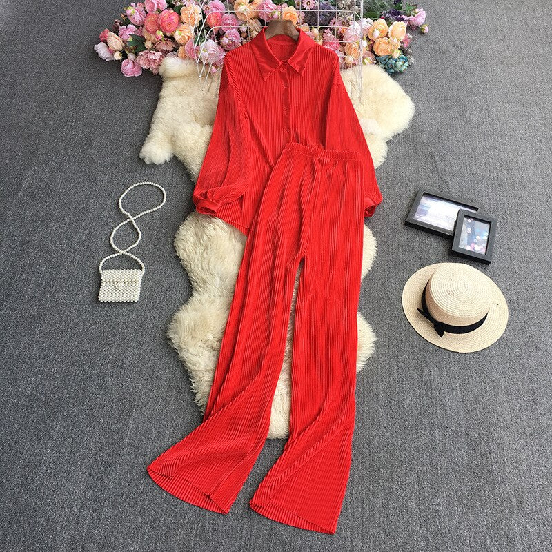 Casual Women Elegant Pleated Two Piece Set Long Sleeve Shirt And Wide Leg Pant Suits Loose Office Lady Outfits Autumn