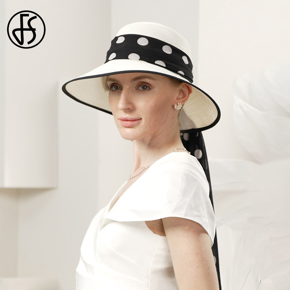 FS White Straw Hats For Women Romantic Simple Polka Dots Sun Visor Cap Ladies Wedding Church Formal Dress Fedoras Summer