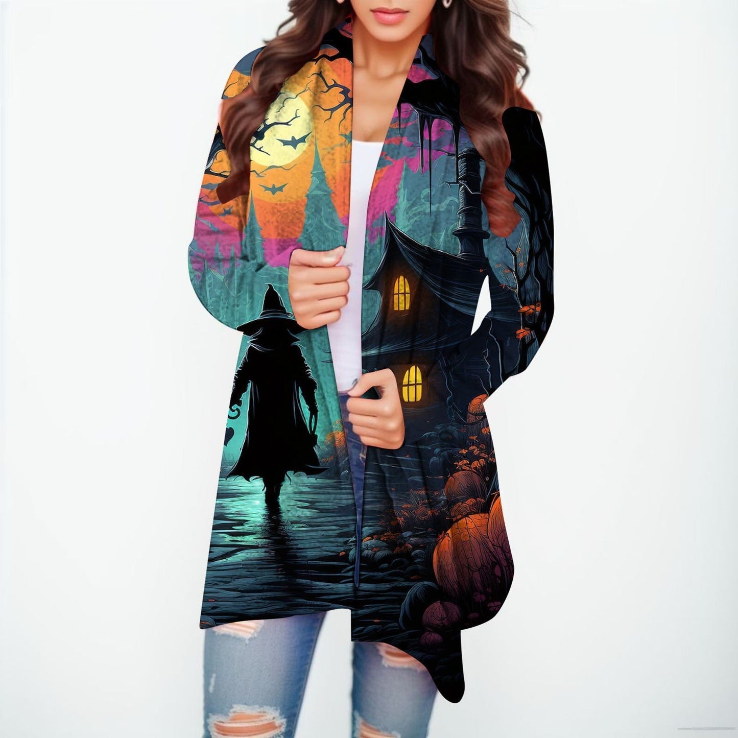 Halloween Print Women's Cardigans Witch Spider Web Fun Graphic Open Front Coat Cardigan With Pockets Fall Casual Coat Jackets