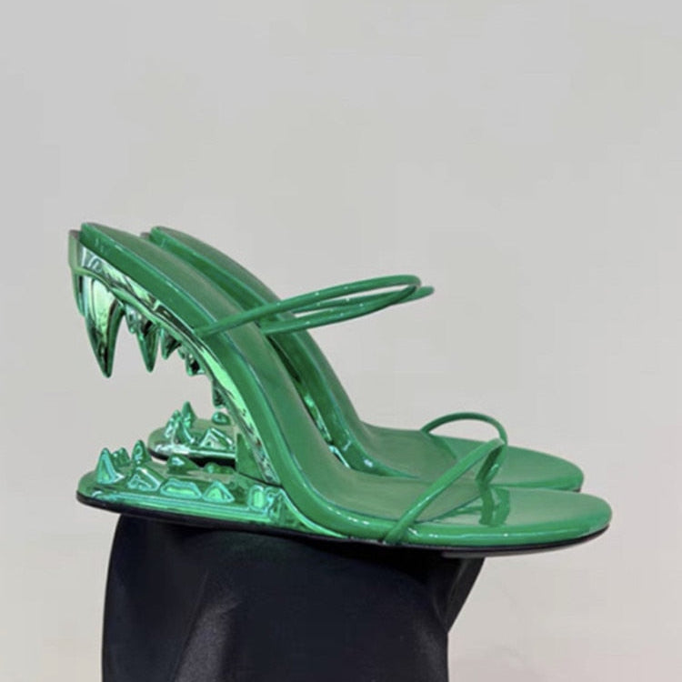 Fashion Metal Teeth Shaped Heel Sandals Round Toe Back Zipper Women's Dress Large Women's Sandals Summer green1