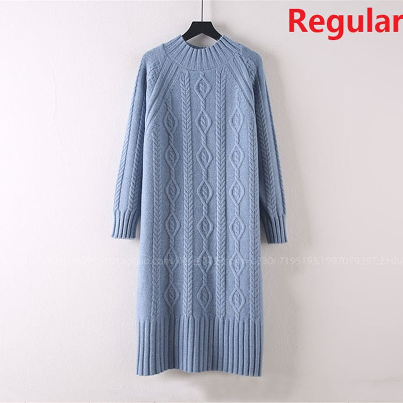 Winter Thicken Plus Velvet Sweater Dress Women's Fall Mock Neck Rib Knit Bottoming Dresses Elegant Warm Vestido Midi With Coats blue