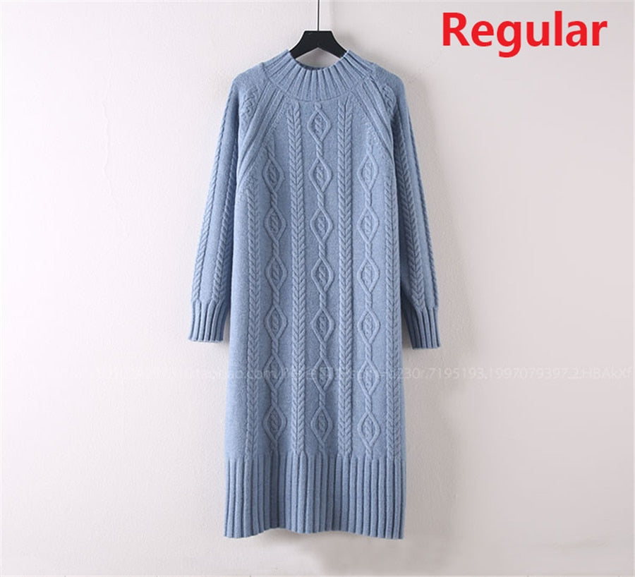 Winter Thicken Plus Velvet Sweater Dress Women's Fall Mock Neck Rib Knit Bottoming Dresses Elegant Warm Vestido Midi With Coats