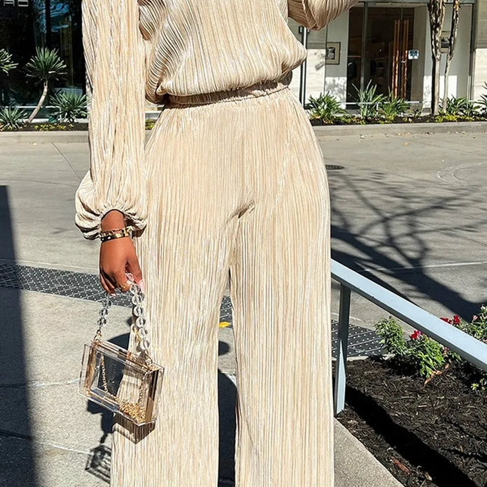 High Elasticity Two Piece Set for Women Long Sleeve O neck Tops Women's Tracksuit Female Casuals Home Loose Wide Leg Pant Sets