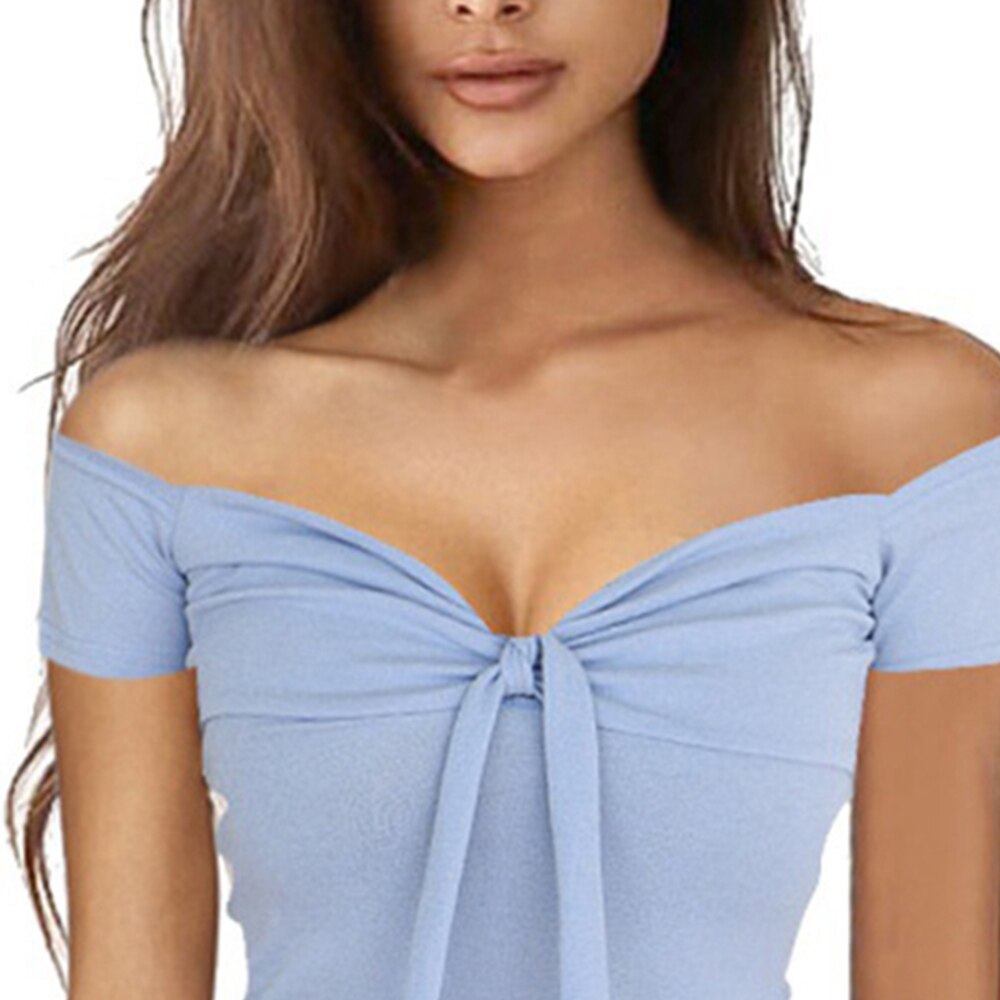 Women Sexy Off Shoulder Tops Shirt Ladies Slim Fit Slight Strech Cotton Blended Solid Bowknot Clubwear Holiday Party Blouse 2023