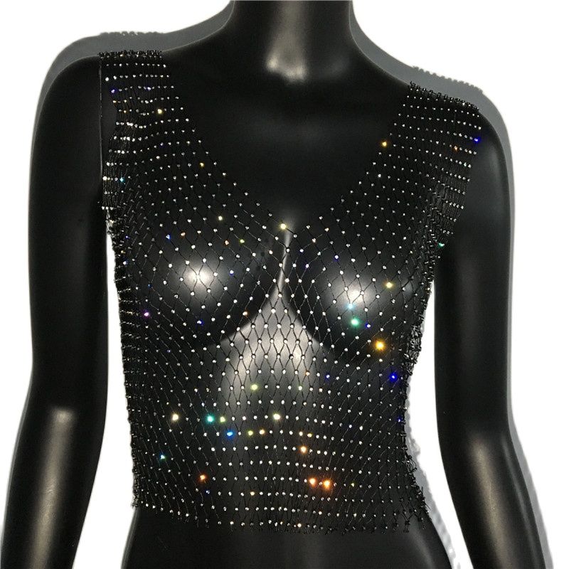 Women's Fishnet Rhinestone Crop Top 2023 Summer Sexy Mesh High Elastic Black White Shirt Net See Through Rave Diamond Tank Top Black V neck