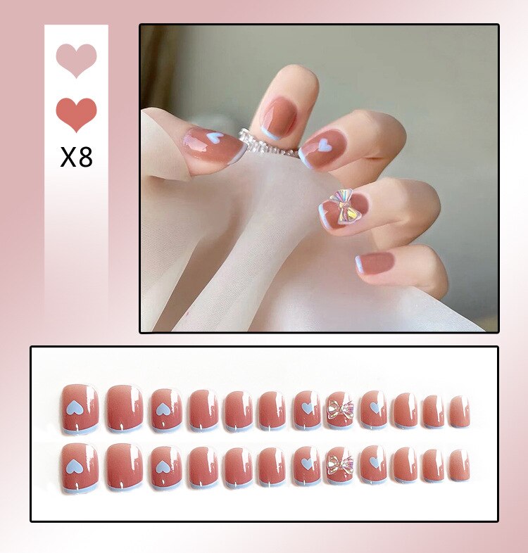 24PCS/Box Bowknot Rabbit Pattern Pearl Short Square Designer Fashion Design French Style Full Covering Pressed Fake Nails