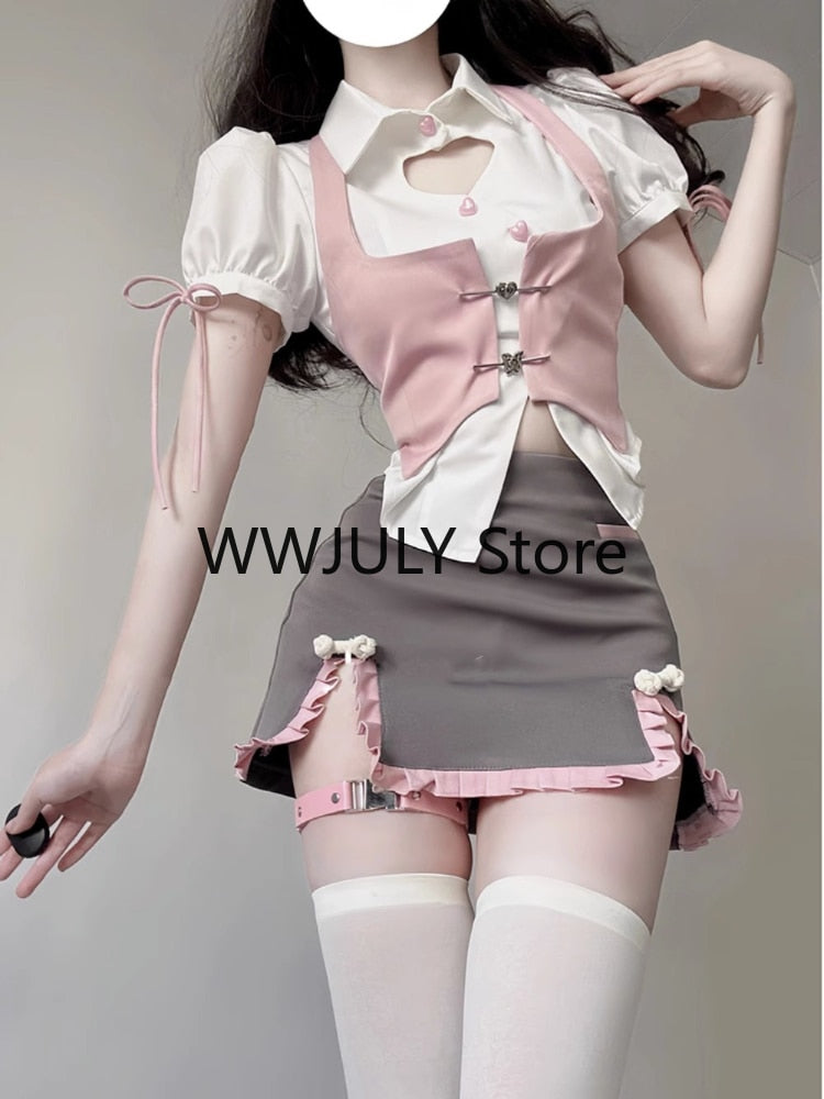 Summer Fashion Y2k 3 Piece Sets Woman Casual Solid Shirt Slim Pink Vest High Waist Mini Skirt Sweet Japanese Suit Girl Chic