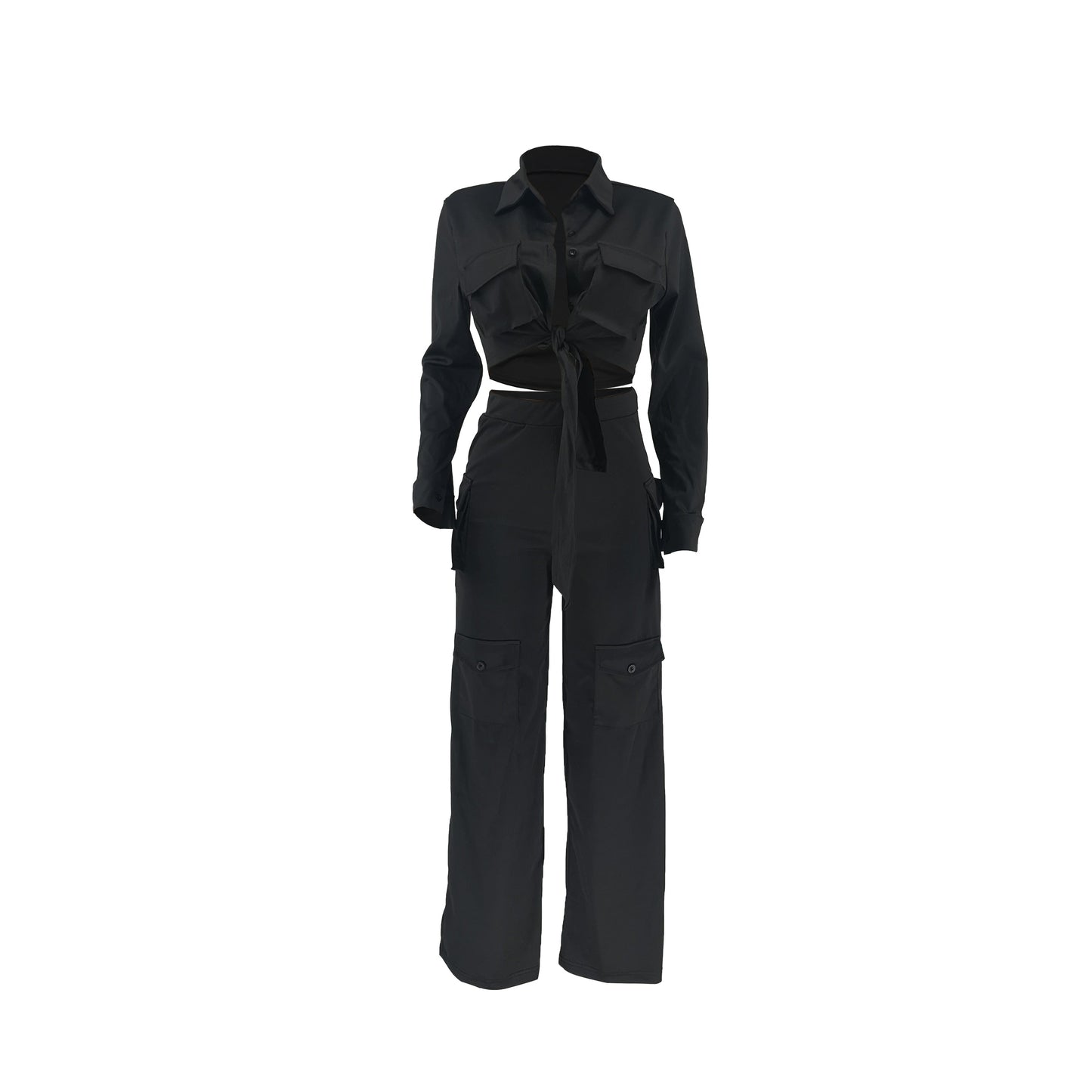 Autumn Winter Casual Solid Color Long Sleeve Shirt Pants Tooling Multiple Pockets Wide Leg High wWaisted Knit Women Set