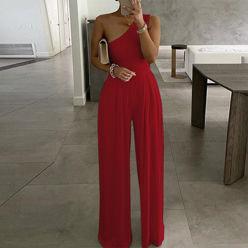 Summer Women Fashion Sexy One Shoulder Club Romper Bodysuit Elegant Wide Leg Jumpsuit Office Lady Casual Ovealls Red