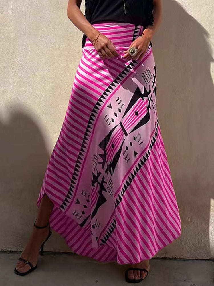 Boho Retro Patchwork Print Skirt Women Summer High Waist A-Line Elastic Long Skirts Casual Holiday Beach Skirt