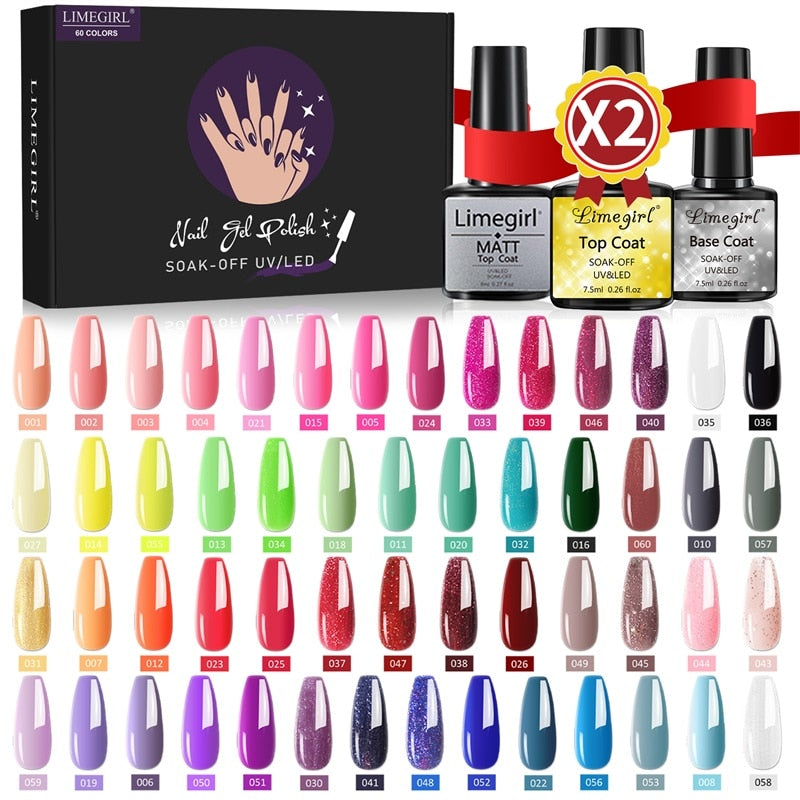Limegirl Gel Nail Polish Set Kit Pink Glitter Popular Spring 60/40/24 Colors Semi Permanent UV Led Gel Varnish Soak Off Nail 54-6PCS-2