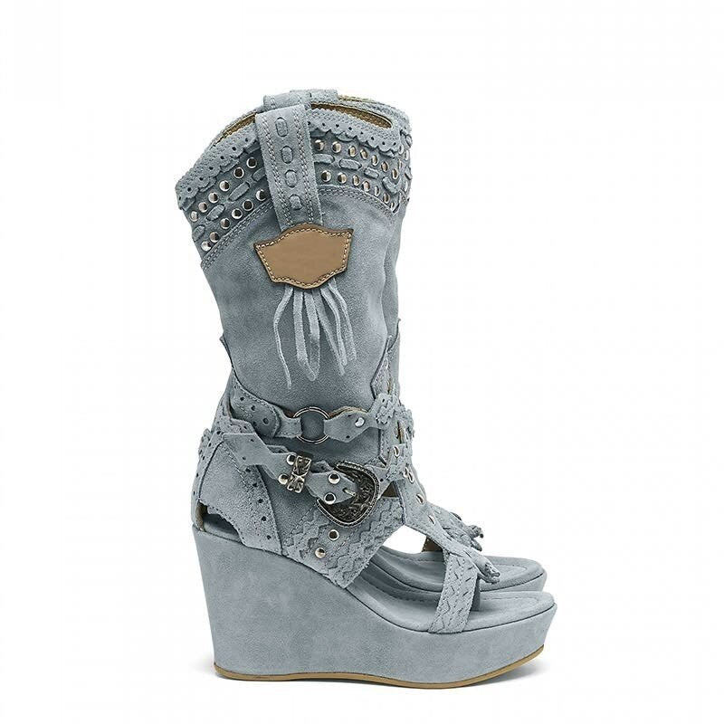 High Heels Ladies Ankle Boots Shoes Retro Canvas Cowboy Wedges Boots Women's Shoes Tailoring Sandals Women Mujer Sapato Feminino light blue