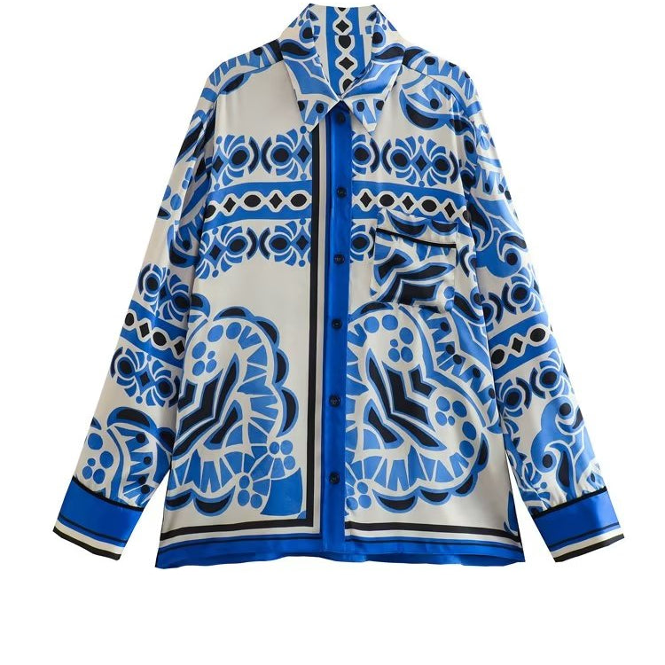 Woman Shirts Pants Sets New Summer Geometric Print Loose Long sleeved Shirts Fashion Elastic Waist Wide Leg Pants Outfits