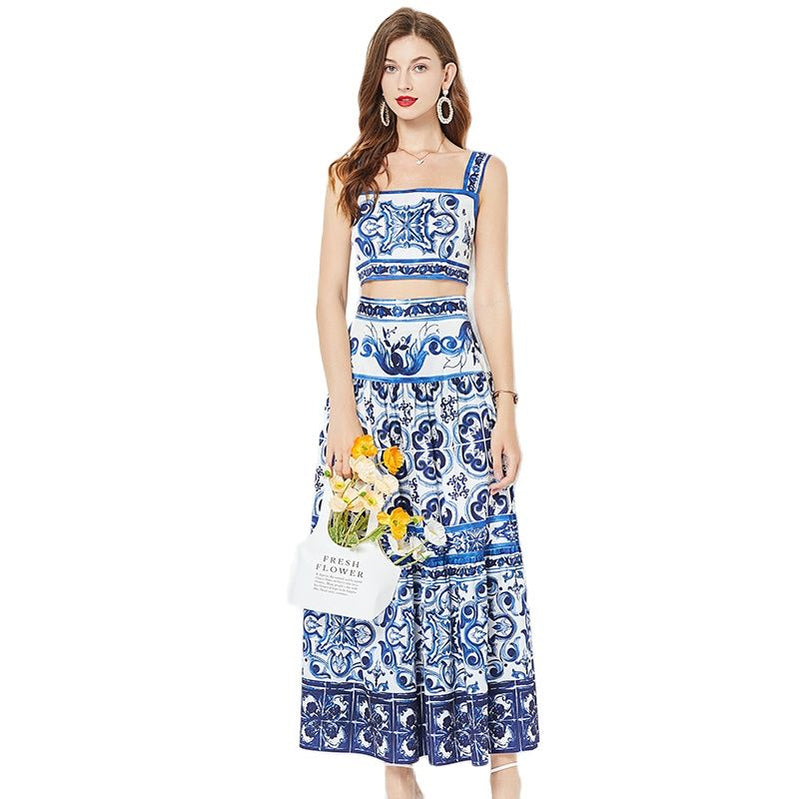 Summer Floral Dress Sets Women 2 Piece Outfit Sexy Slim Tops and Skirt Party Set Suspender Strap Suit Ballgown Frocks