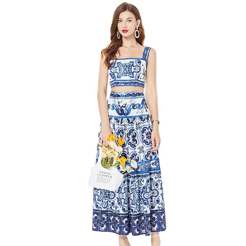 Summer Floral Dress Sets Women 2 Piece Outfit Sexy Slim Tops and Skirt Party Set Suspender Strap Suit Ballgown Frocks