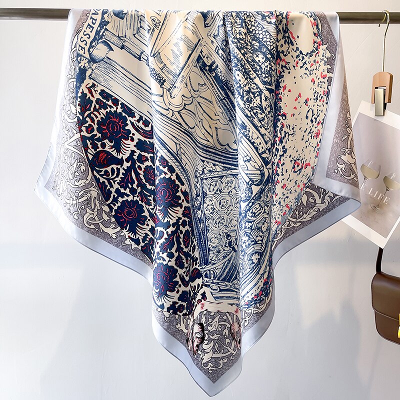 Fashion Print Printing Twill Silk Square Scarf for Women Hijab Muslim Headband Bandana Summer Shawl Beach Stoles Echarpe FN128-1