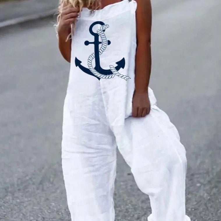 Woman Summer Jumpsuits Fashion Anchor Print Suspender Jumpsuit Casual Sexy Sleeveless Romper Elegant Streetwear