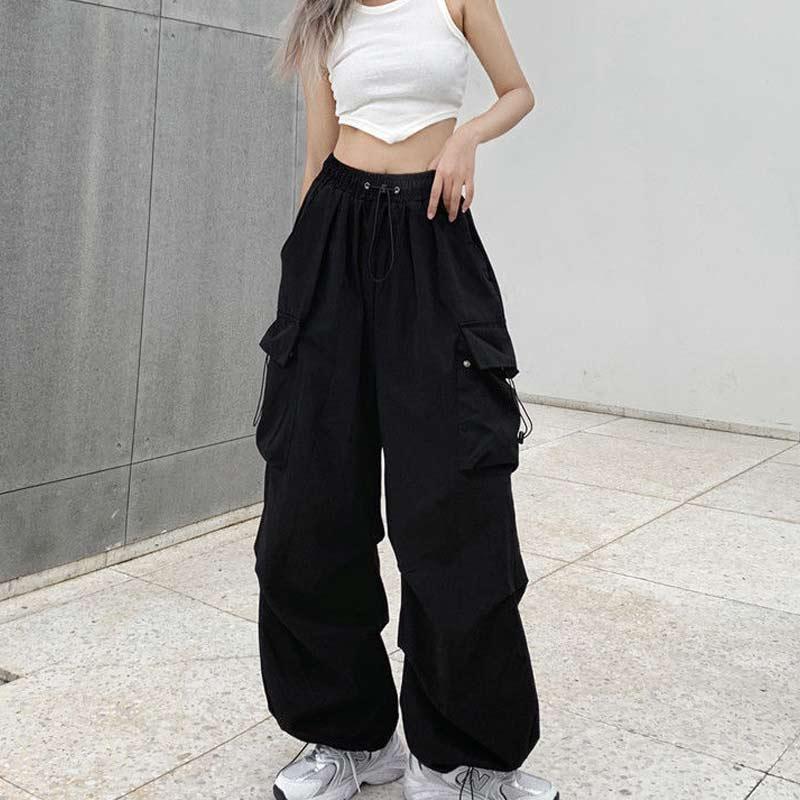Summer Vintage Casual Cargo Pants Women Streetwear Pleated Drawstring Loose Wide Leg Straight Trousers Fashion Ladies Sweatpants