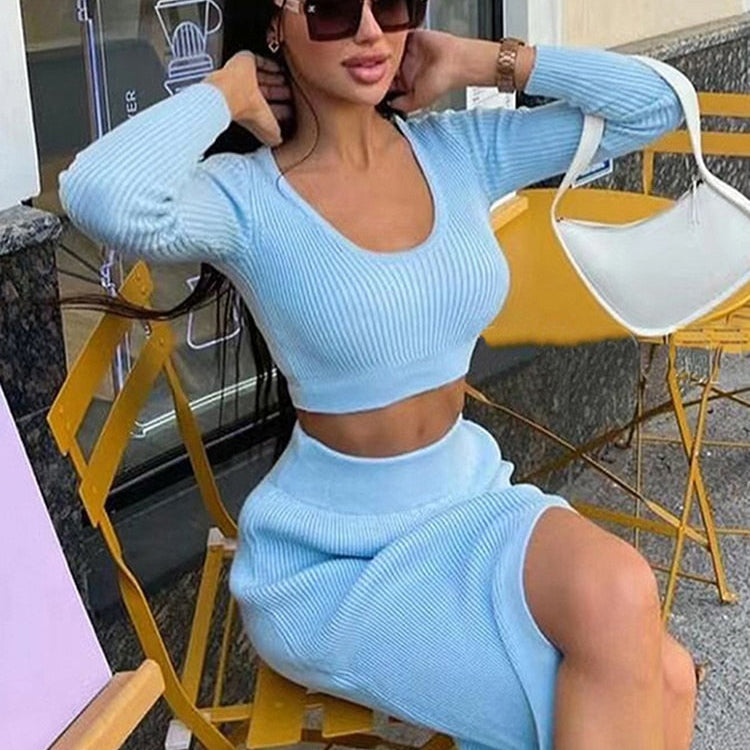 Knitted Winter Women Sexy Sweater Skirt Suit Y2K Fashion Long Sleeve Crop Tops And Long Split Skirt Dress Two Piece Sets Blue